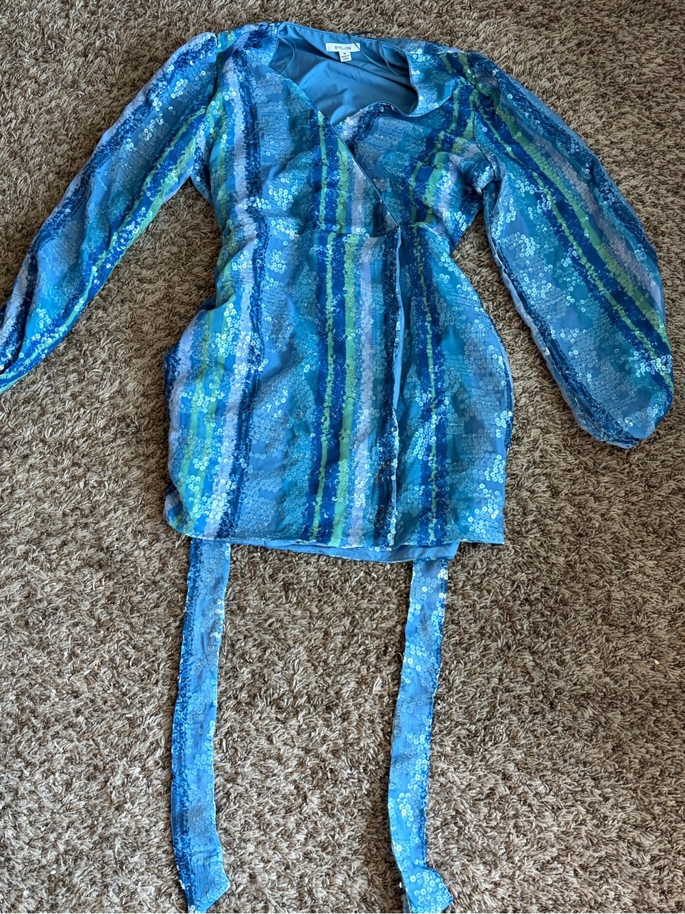 BTFL-life  Blue Green Stripe Sequin Wrap Mini Dress Size Medium
